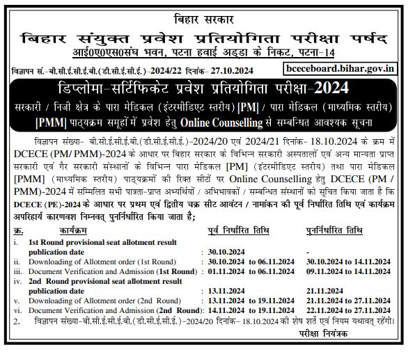 Bihar Paramedical 1st Seat Allotment 2024